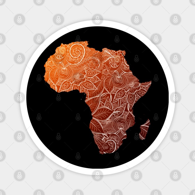 Colorful mandala art map of Africa with text in brown and orange Magnet by Happy Citizen